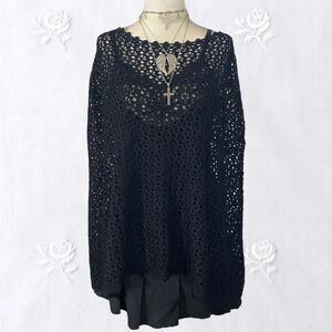 Itsu Black Whimsygoth Grunge Bat Sleeve Crochet Shawl Poncho Top / Shawl OS